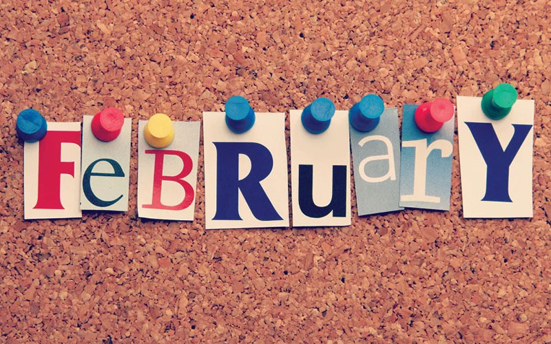 February on a cork board with push pins